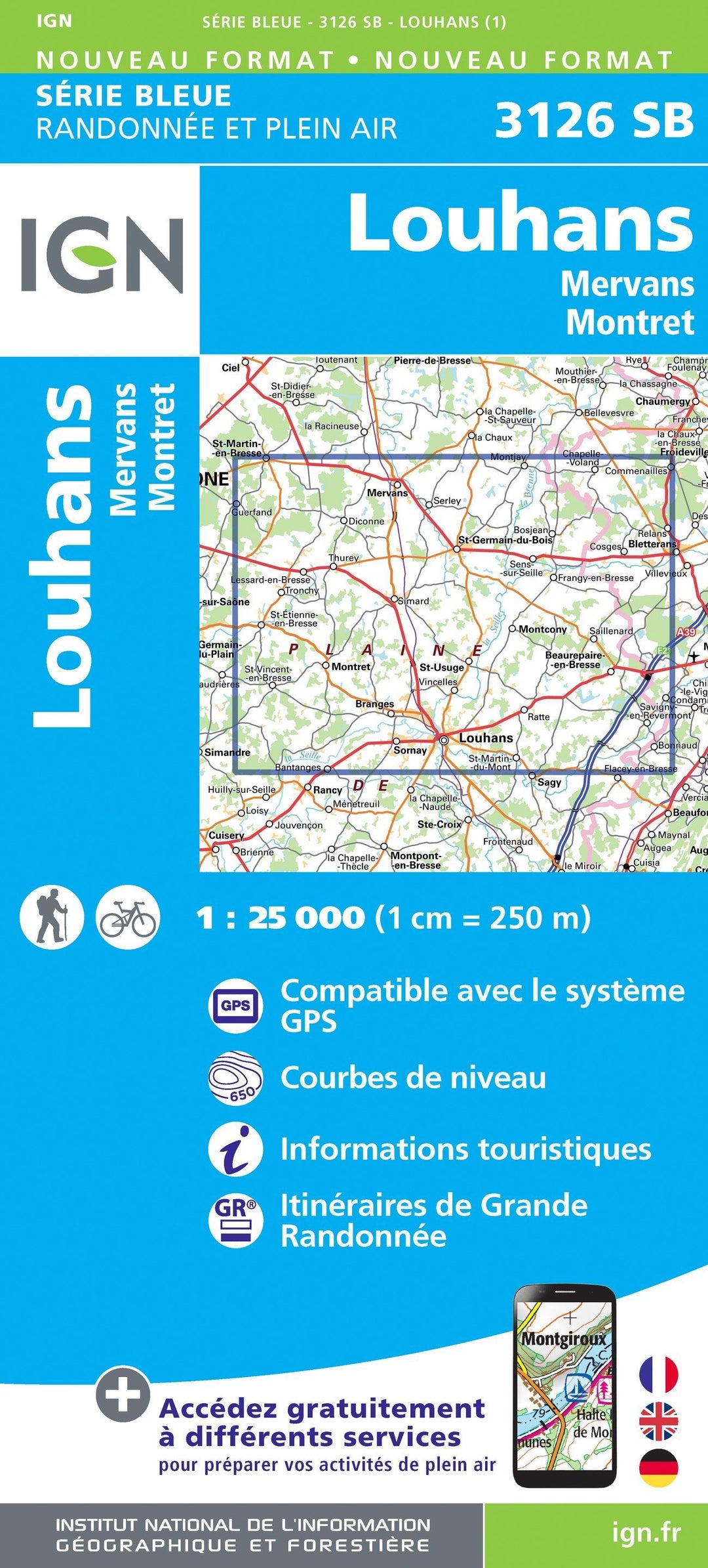 Carte de randonnée n° 3126 - Louhans, Mervans, Montret | IGN - Série Bleue carte pliée IGN 