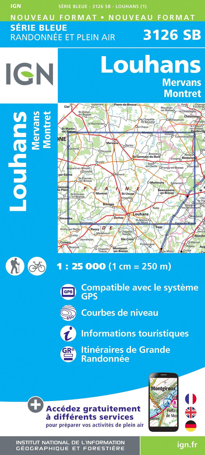 Carte de randonnée n° 3126 - Louhans, Mervans, Montret | IGN - Série Bleue carte pliée IGN 