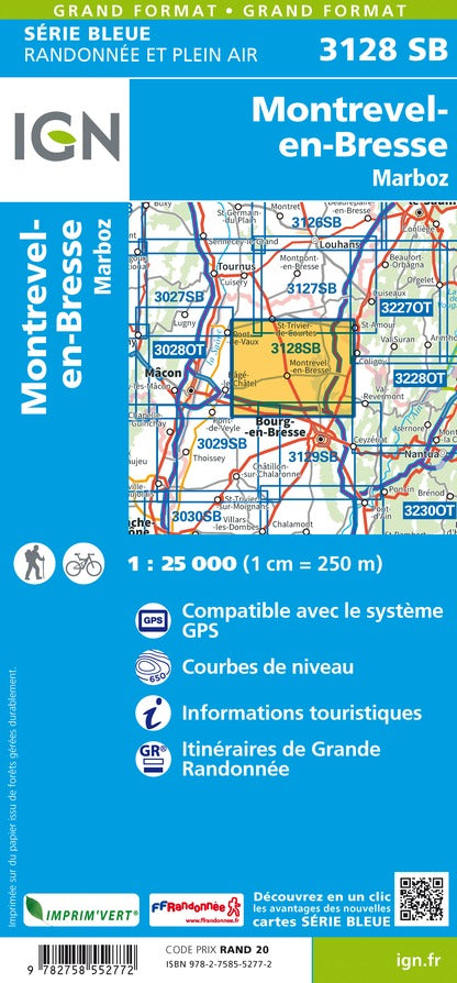 Carte de randonnée n° 3128 - Montrevel-en-Bresse, Marboz | IGN - Série Bleue carte de randonnée IGN