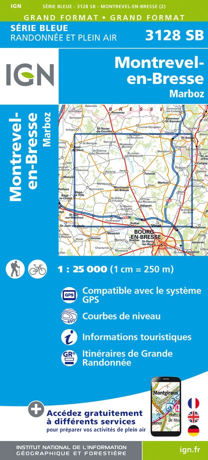 Carte de randonnée n° 3128 - Montrevel-en-Bresse, Marboz | IGN - Série Bleue carte pliée IGN 