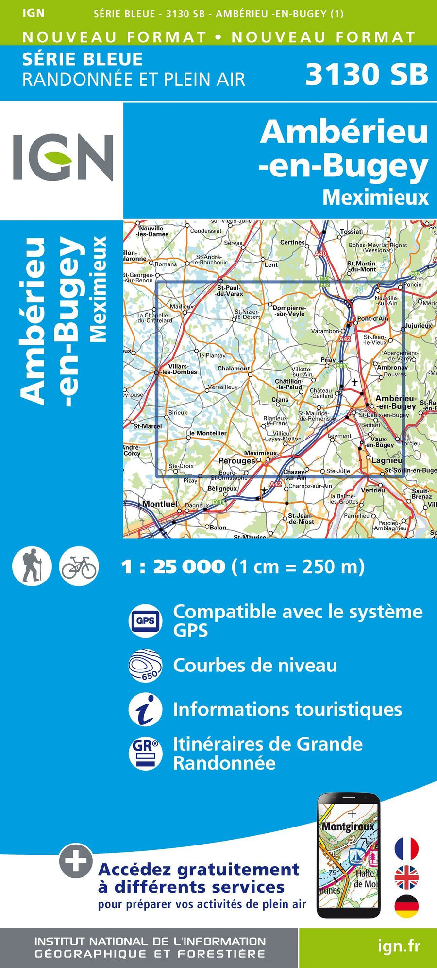 Carte de randonnée n° 3130 - Ambérieu-en-Bugey, Meximieux | IGN - Série Bleue carte pliée IGN 