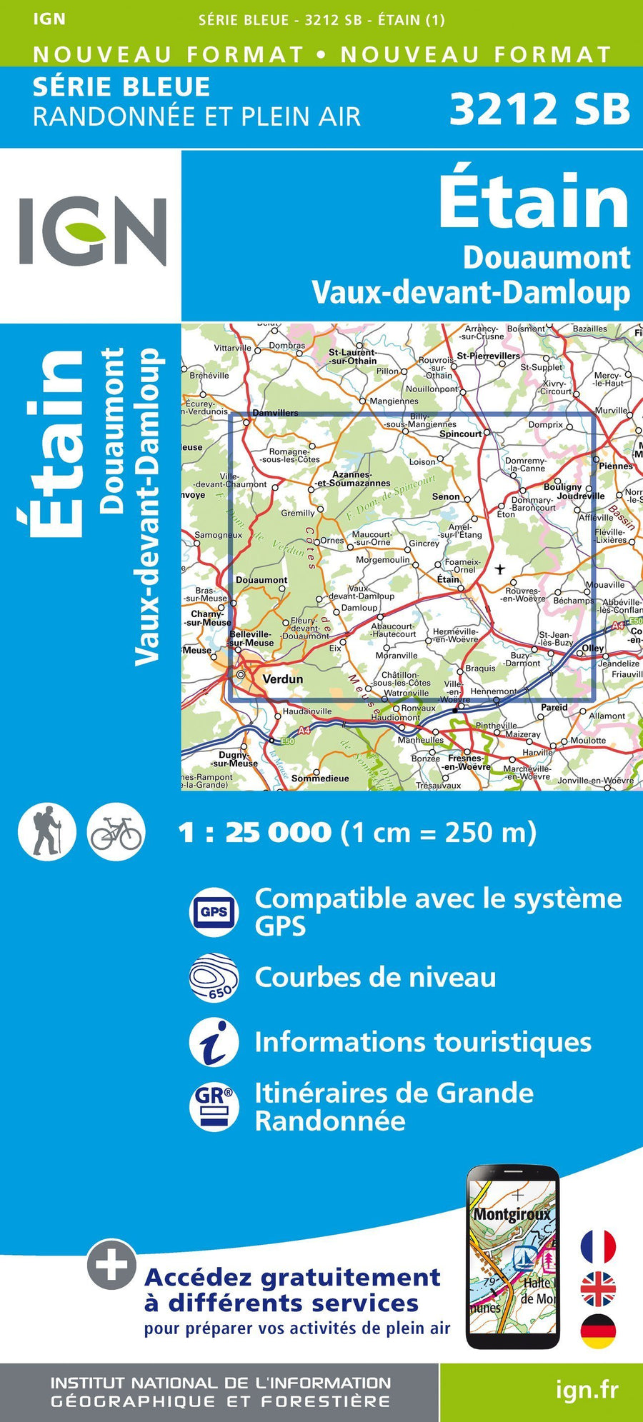 Carte de randonnée n° 3212 - Étain, Douaumont, Vaux-Devant-Damloup | IGN - Série Bleue carte pliée IGN 