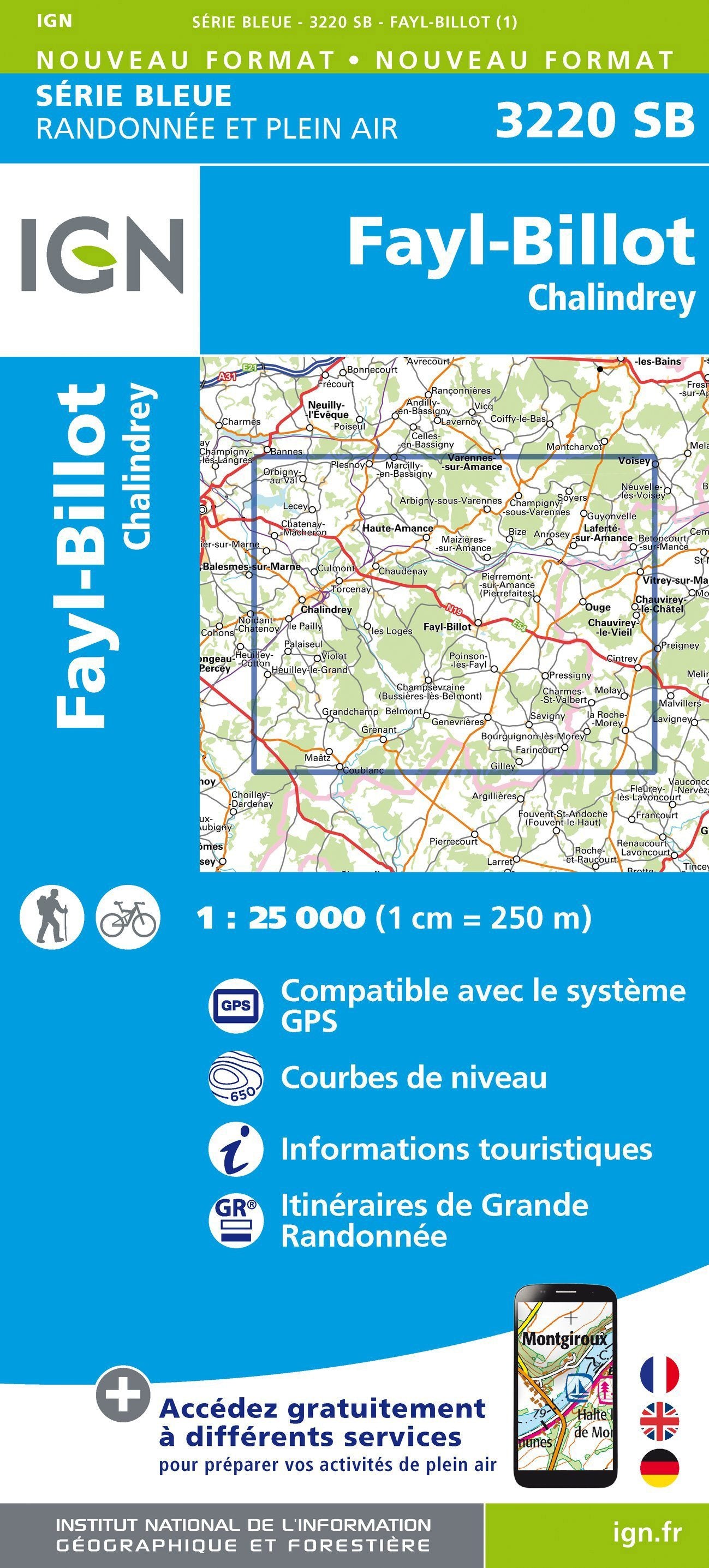 Carte de randonnée n° 3220 - Fayl-Billot, Chalindrey | IGN - Série Bleue carte de randonnée IGN Default Title