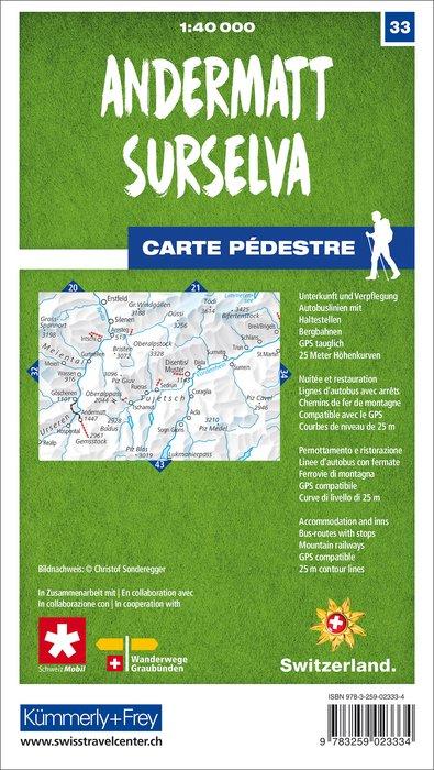 Carte de randonnée n° 33 - Andermatt, Surselva (Suisse) | Kümmerly & Frey-1/40 000 carte de randonnée Kümmerly & Frey