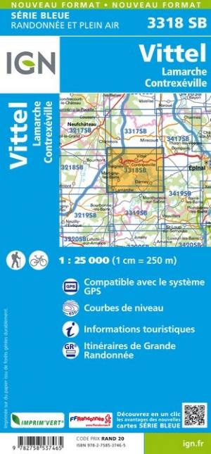 Carte de randonnée n° 3318 - Vittel, Lamarche, Contrexéville | IGN - Série Bleue carte de randonnée IGN