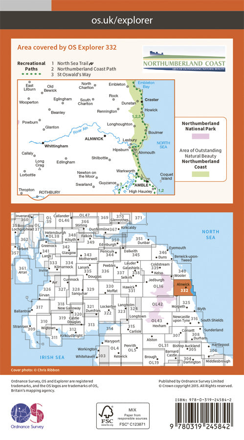 Carte de randonnée n° 332 - Alnwick, Amble (Grande Bretagne) | Ordnance Survey - Explorer carte de randonnée Ordnance Survey Papier
