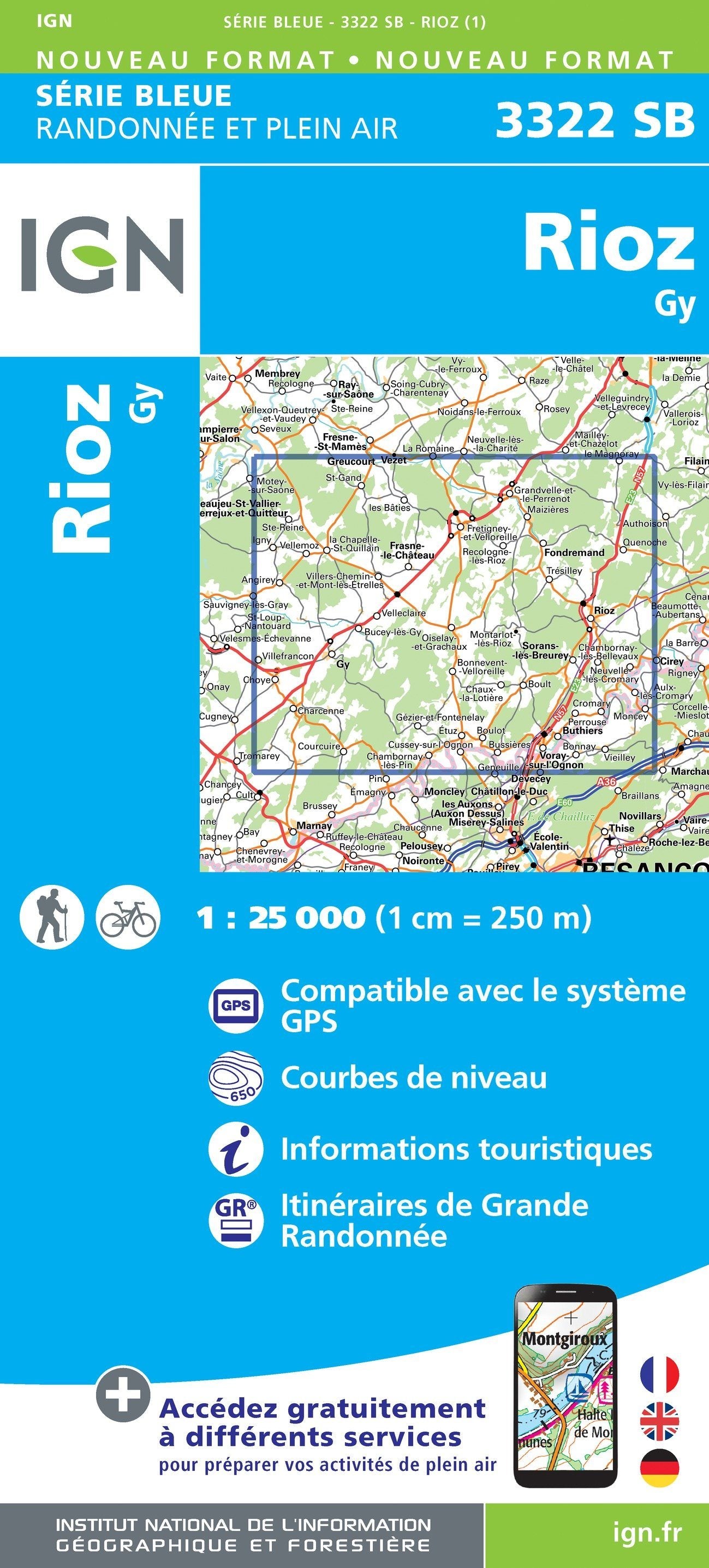 Carte de randonnée n° 3322 - Rioz, Gy | IGN - Série Bleue carte de randonnée IGN