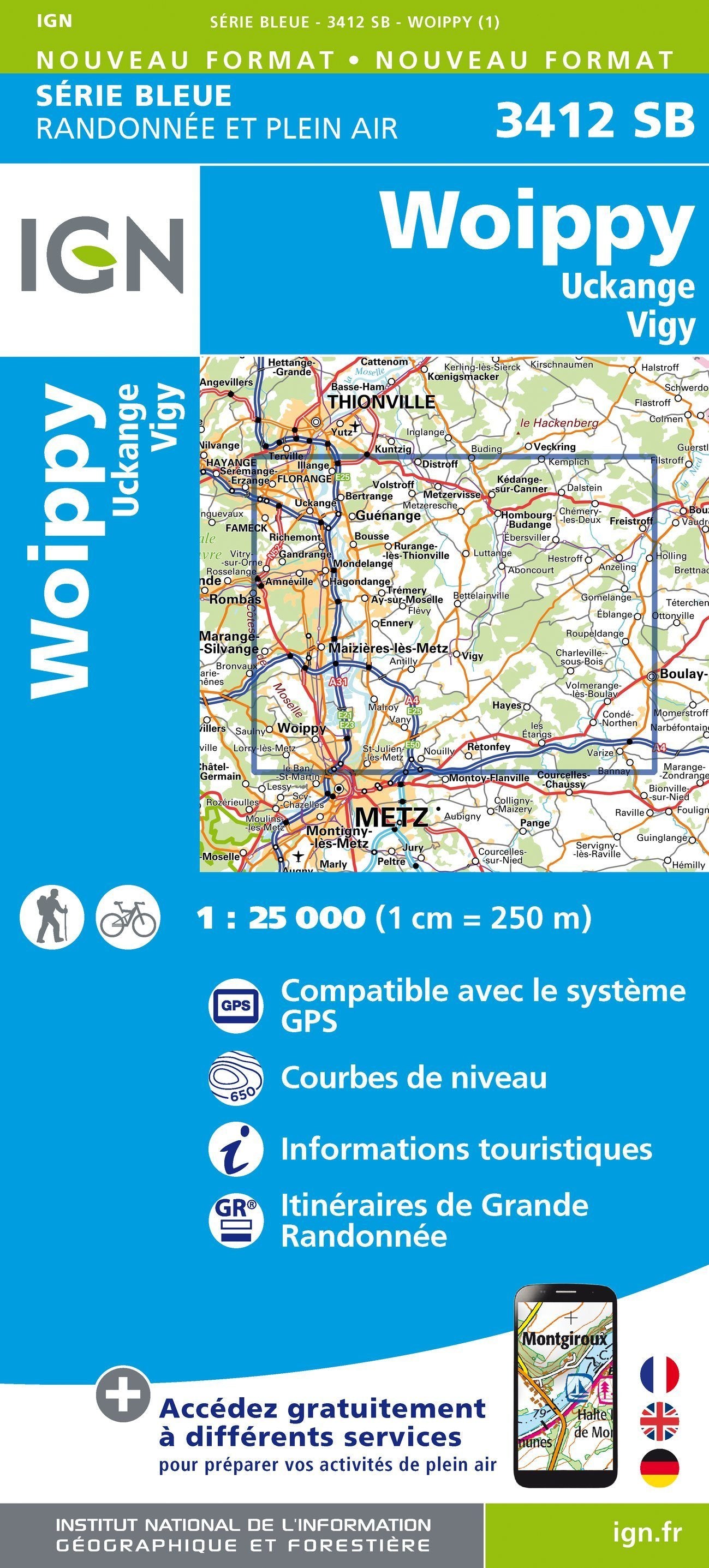 Carte de randonnée n° 3412 - Woippy, Uckange, Vigy | IGN - Série Bleue carte de randonnée IGN Default Title