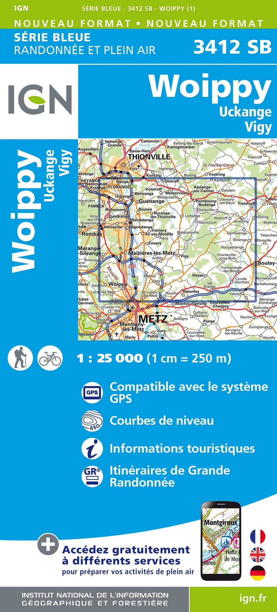 Carte de randonnée n° 3412 - Woippy, Uckange, Vigy | IGN - Série Bleue carte pliée IGN 