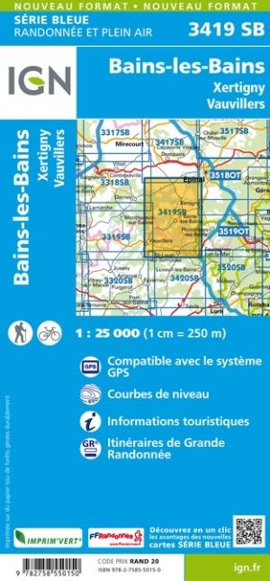 Carte de randonnée n° 3419 - Bains-les Bains, Xertigny, Vauvillers | IGN - Série Bleue carte pliée IGN 