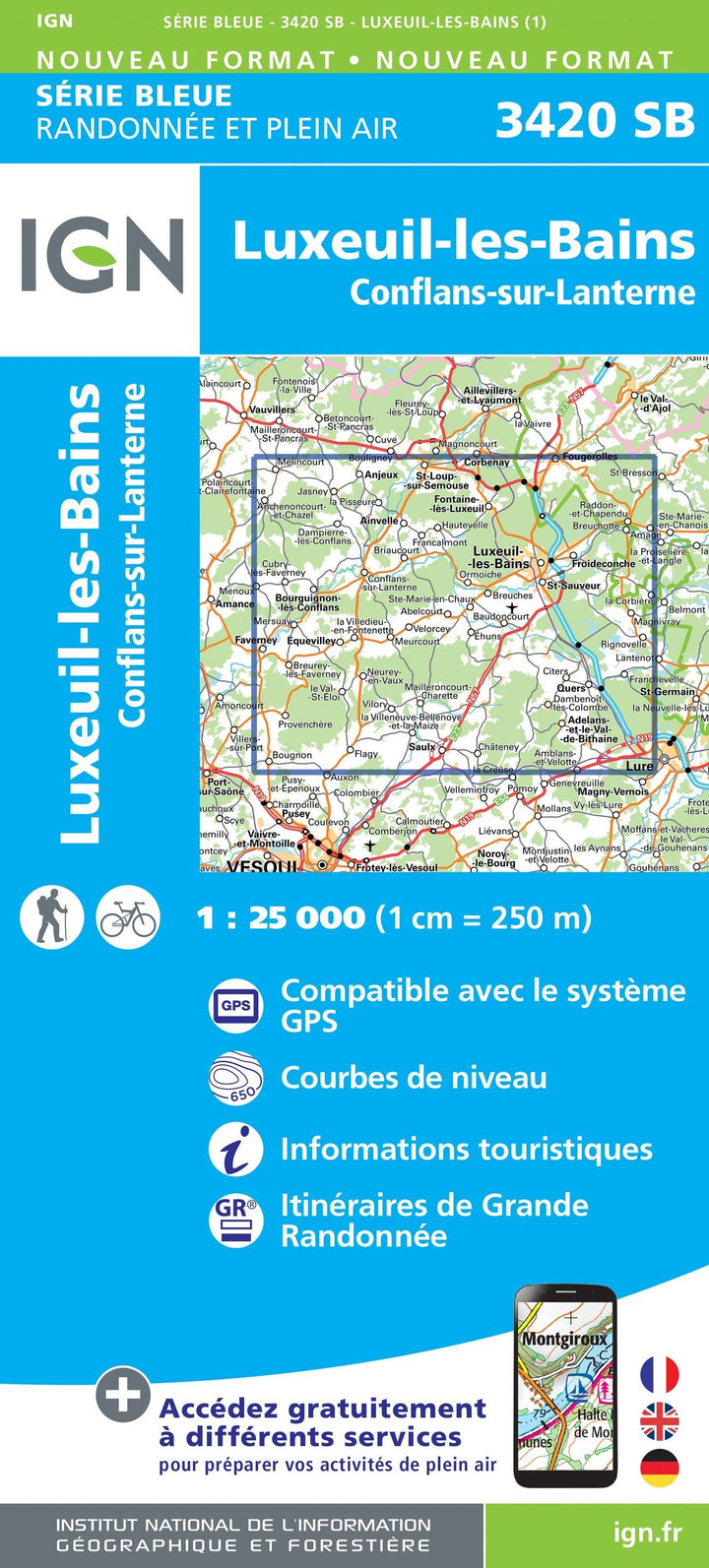 Carte de randonnée n° 3420 - Luxeuil-les-Bains, Conflans-sur-Lanterne | IGN - Série Bleue carte pliée IGN 
