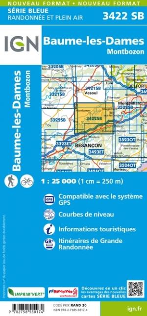Carte de randonnée n° 3422 - Baume-les-Dames, Montbozon | IGN - Série Bleue carte pliée IGN 