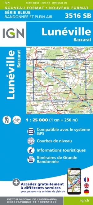 Carte de randonnée n° 3516 - Lunéville, Baccarat | IGN - Série Bleue carte pliée IGN 