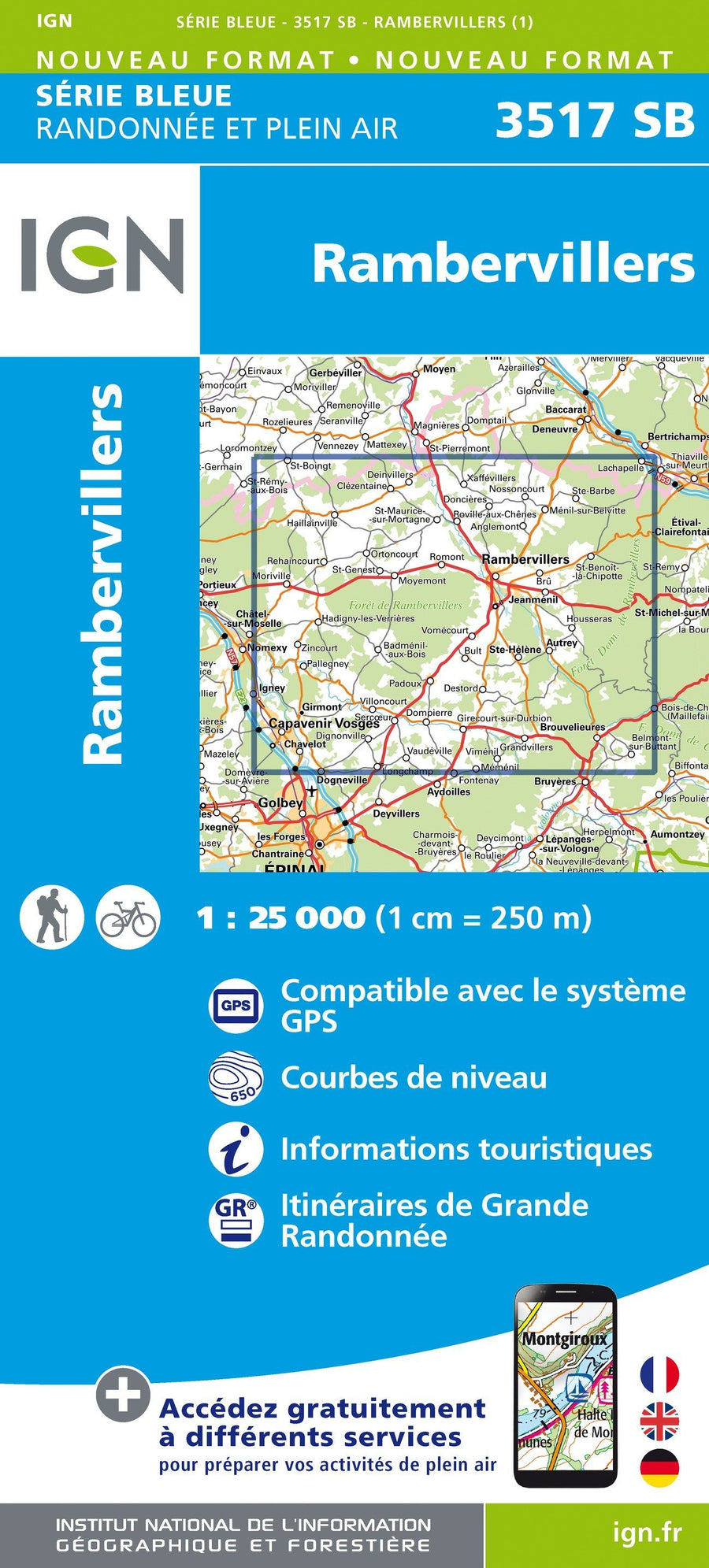 Carte de randonnée n° 3517 - Rambervillers | IGN - Série Bleue carte pliée IGN 