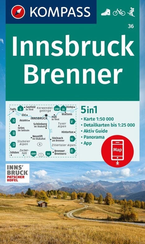 Carte de randonnée n° 36 - Innsbruck, Brenner (Tyrol, Autriche) | Kompass carte de randonnée Kompass