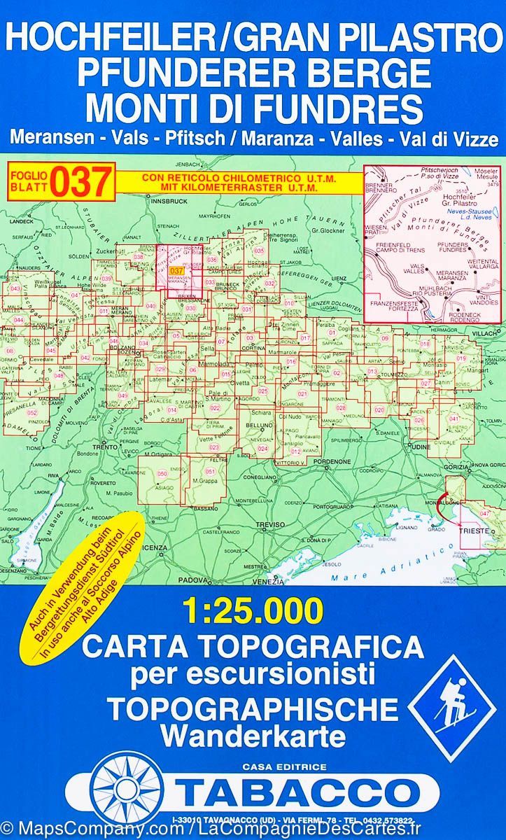 Carte de randonnée n° 37 - Gran Pilastro et des Monti di Fundres (Italie) | Tabacco carte pliée Tabacco 