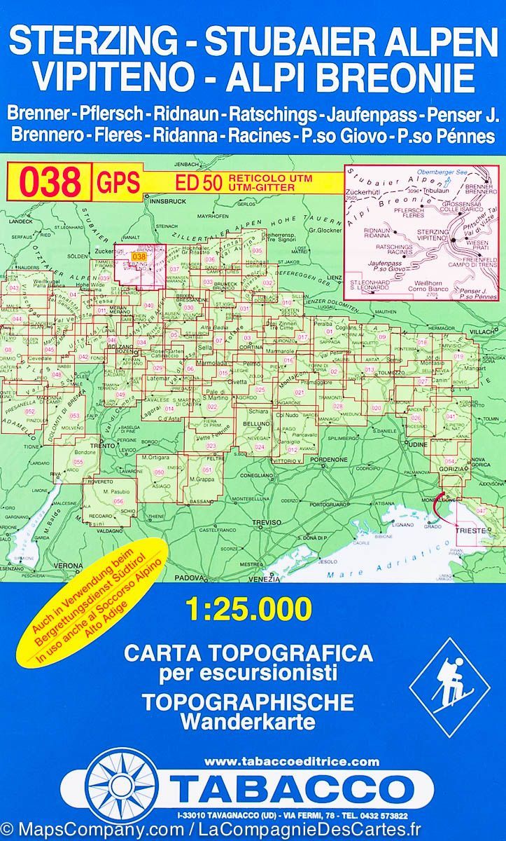 Carte de randonnée n° 38 - Alpes de Stubai (Alpes Breonies Occidentales, Italie) | Tabacco carte de randonnée Tabacco