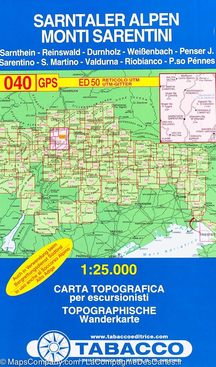 Carte de randonnée n° 40 - Alpes Sarentines (ou de Sarntal), Italie | Tabacco carte de randonnée Tabacco