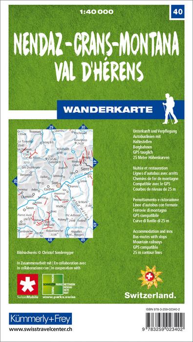 Carte de randonnée n° 40 - Nendaz, Crans-Montana, Val d'Hérens (Suisse) | Kümmerly & Frey-1/40 000 carte pliée Kümmerly & Frey 