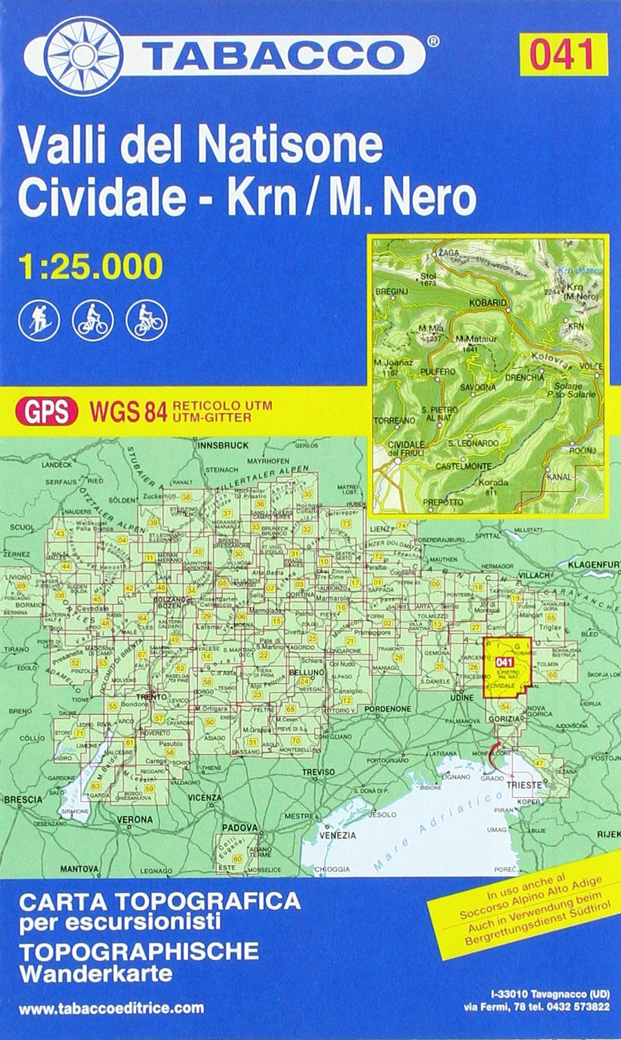 Carte de randonnée n° 41 - Vallée du Natisone, Cividale del Friuli, Krn, Monte Nero (Italie) | Tabacco carte pliée Tabacco 