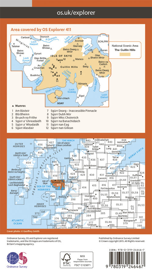 Carte de randonnée n° 411 - Skye, Cuillin Hills (Grande Bretagne) | Ordnance Survey - Explorer carte de randonnée Ordnance Survey