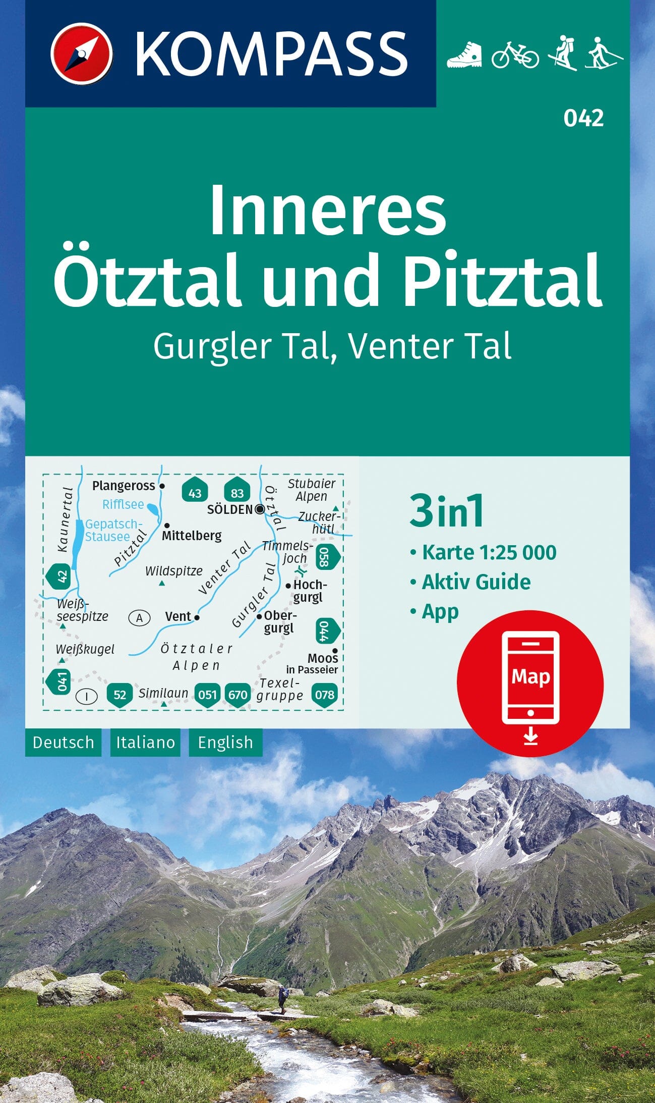 Carte de randonnée n° 42 - Otztal Inneres, Pitztal + Aktiv Guide (Tyrol, Autriche) | Kompass carte de randonnée Kompass