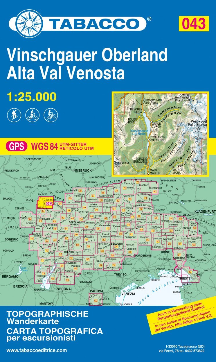 Carte de randonnée n° 43 - Haute Vallée du Val Vénosta (Italie) | Tabacco carte de randonnée Tabacco