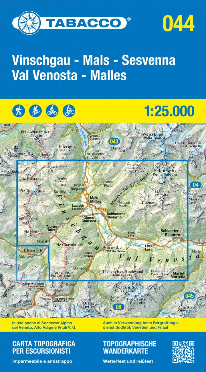 Carte de randonnée n° 44 - Val Vénoste et chaîne de Sesvenna (Italie) | Tabacco carte pliée Tabacco 