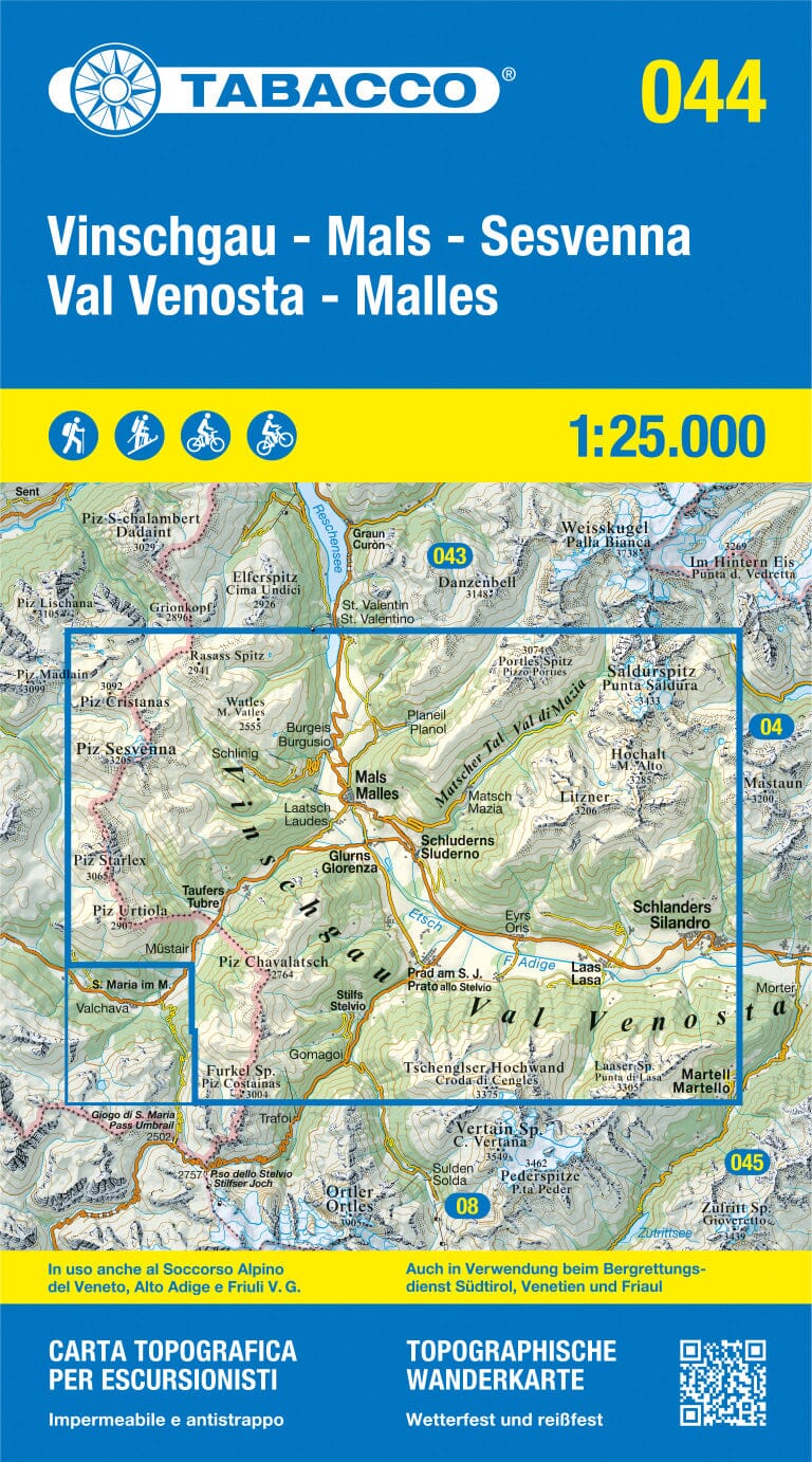 Carte de randonnée n° 44 - Val Vénoste et chaîne de Sesvenna (Italie) | Tabacco carte pliée Tabacco 