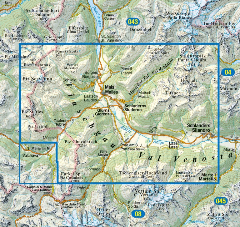 Carte de randonnée n° 44 - Val Vénoste et chaîne de Sesvenna (Italie) | Tabacco carte pliée Tabacco 