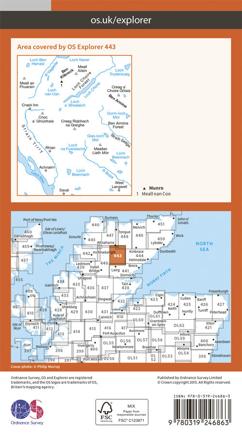 Carte de randonnée n° 443 - Ben Kilbreck, Ben Armine (Grande Bretagne) | Ordnance Survey - Explorer carte pliée Ordnance Survey Papier 