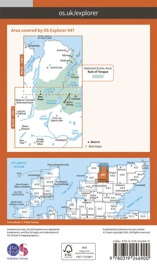 Carte de randonnée n° 447 - Ben hope, Ben Loyal, Kyle of Tongue (Grande Bretagne) | Ordnance Survey - Explorer carte de randonnée Ordnance Survey