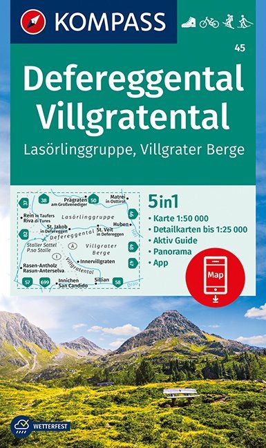 Carte de randonnée n° 45 - Defereggental, Villgratental, Lasörlinggruppe, Villgrater Berge (Tyrol, Autriche) | Kompass carte pliée Kompass 