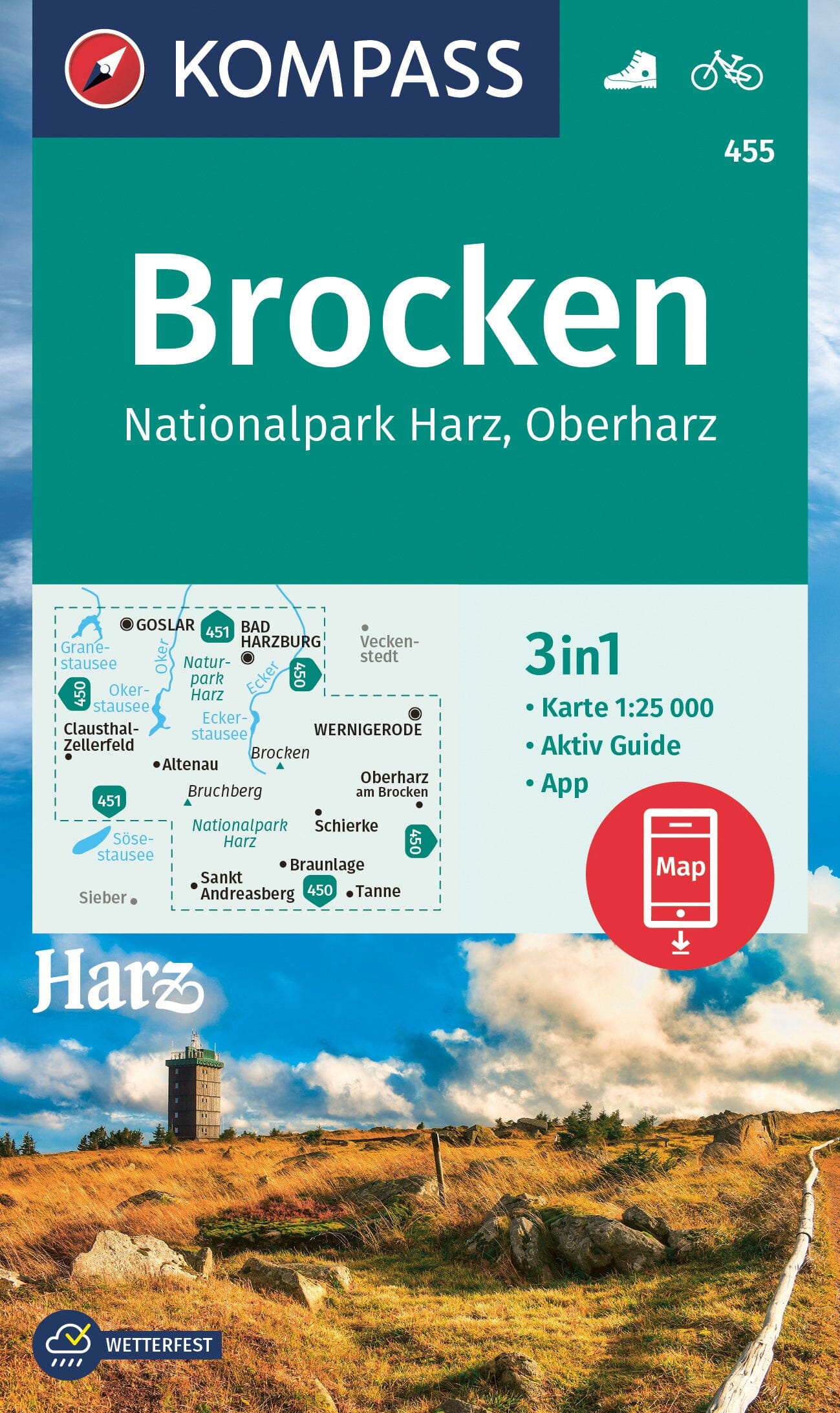 Carte de randonnée n° 455 - Brocken NP Harz + Aktiv Guide (Allemagne) | Kompass carte de randonnée Kompass