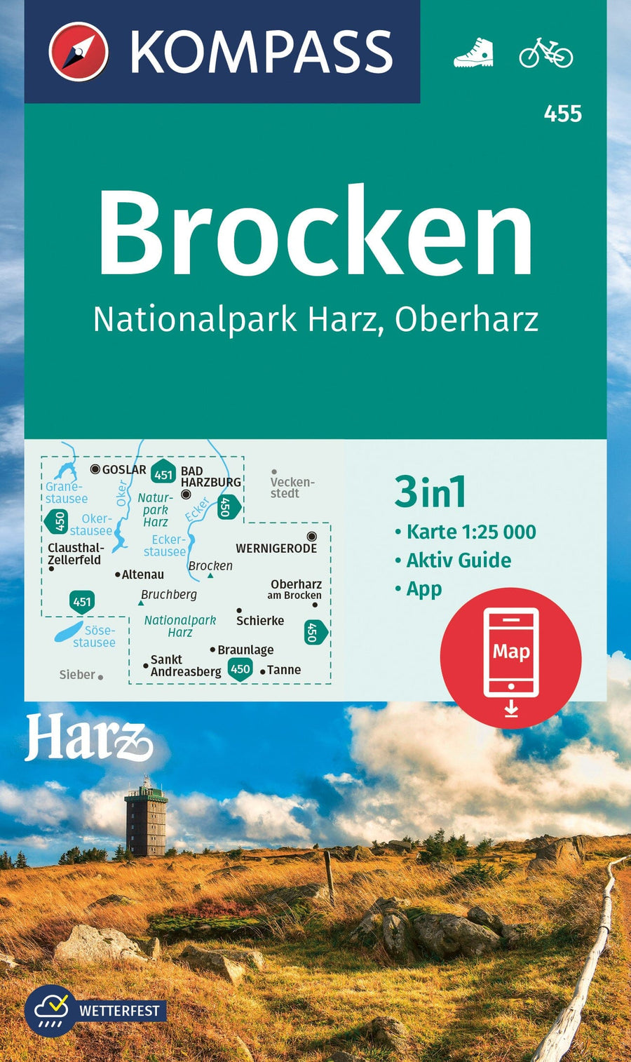 Carte de randonnée n° 455 - Brocken NP Harz + Aktiv Guide (Allemagne) | Kompass carte pliée Kompass 