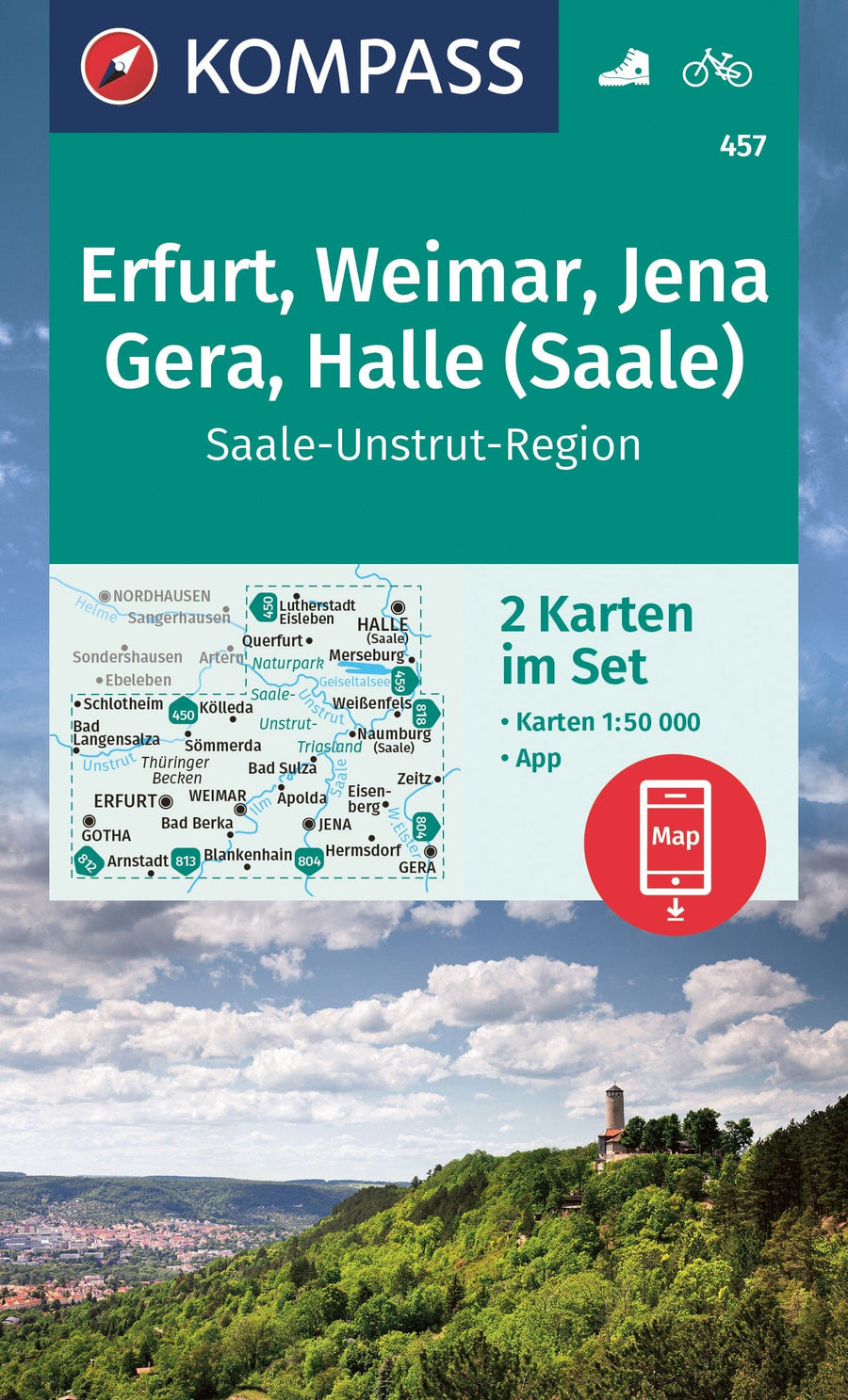 Carte de randonnée n° 457 - Erfurt, Weimar, Jena, Gera, Halle (Allemagne) | Kompass carte pliée Kompass 