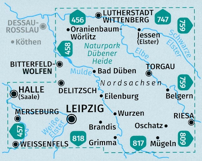 Carte de randonnée n° 459 - Leipzig & environs + Guide (Allemagne) | Kompass carte de randonnée Kompass