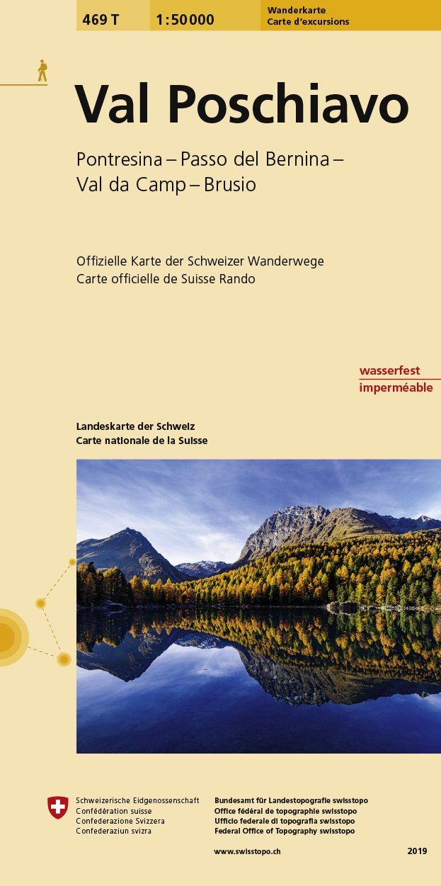 Carte de randonnée imperméable n° 469T - Val Poschiavo (Suisse) | Swisstopo - Excursions au 1/50 000 carte de randonnée Swisstopo