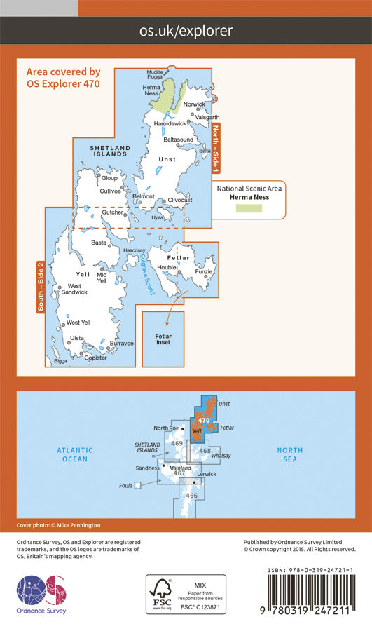 Carte de randonnée n° 470 - Shetland, Unst, Yell, Fetlar (Grande Bretagne) | Ordnance Survey - Explorer carte de randonnée Ordnance Survey