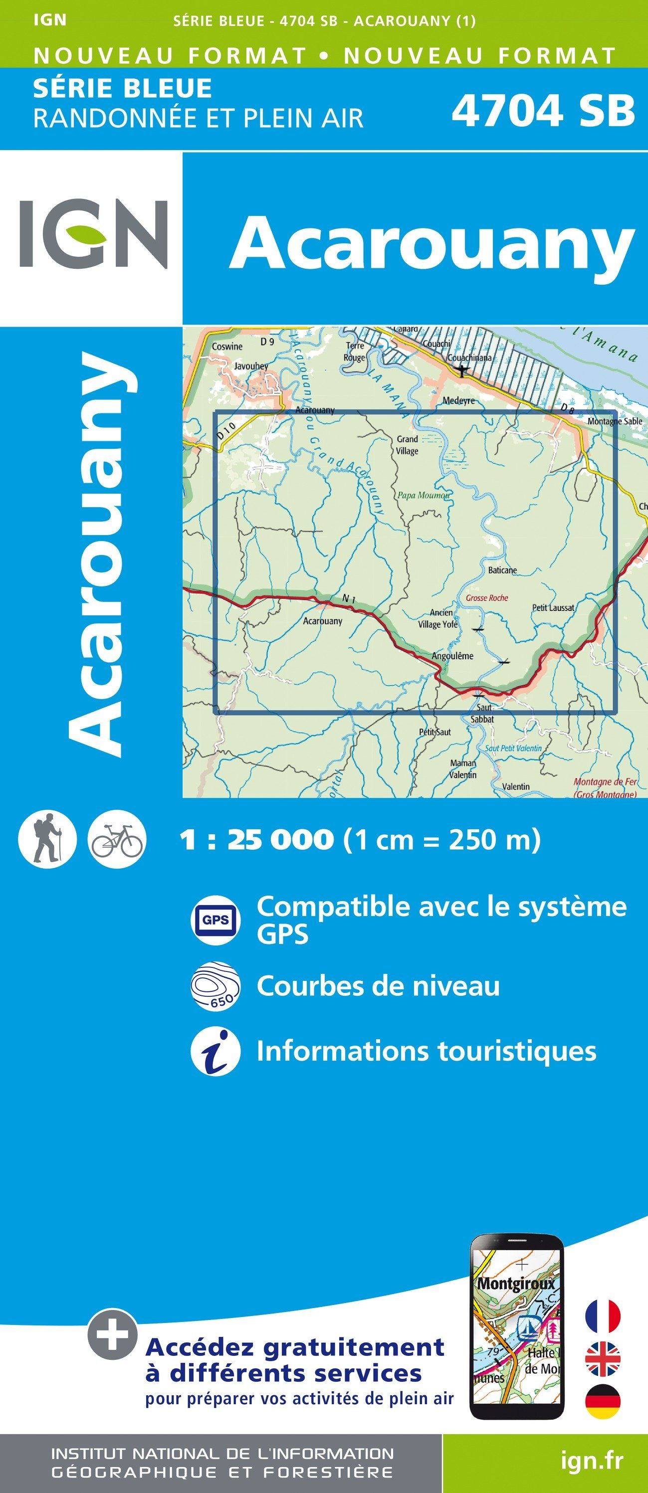Carte de randonnée n° 4704 - Acarouany (Guyane) | IGN - Série Bleue carte de randonnée IGN