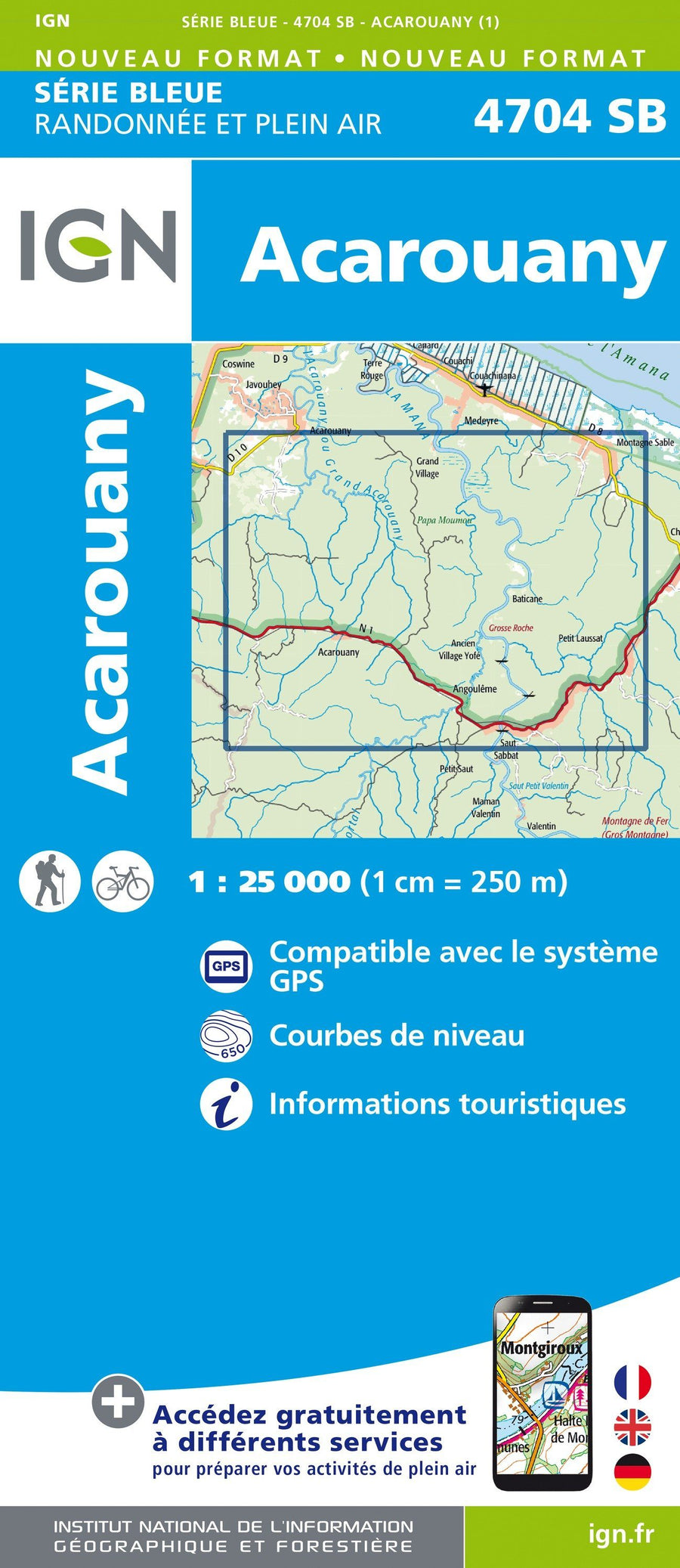 Carte de randonnée n° 4704 - Acarouany (Guyane) | IGN - Série Bleue carte pliée IGN 