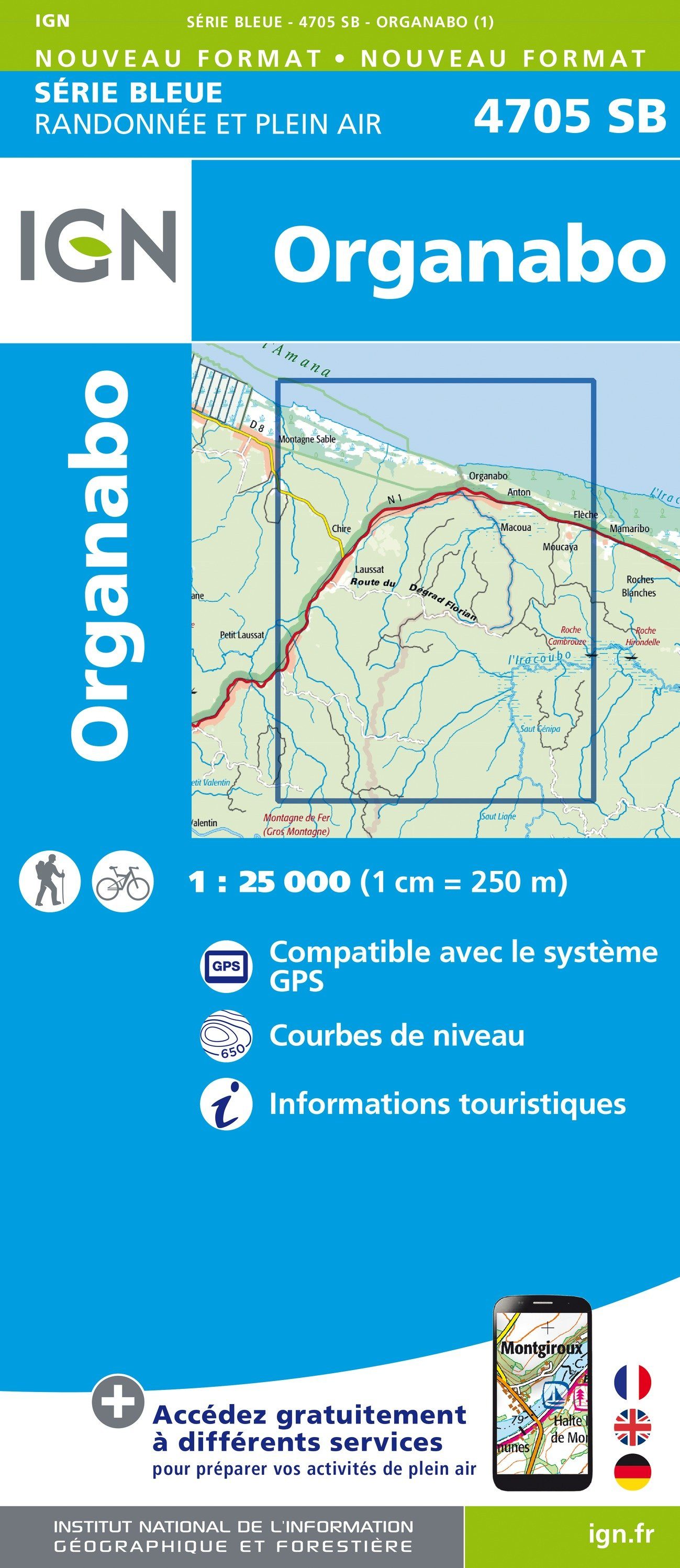 Carte de randonnée n° 4705 - Organabo (Guyane) | IGN - Série Bleue carte de randonnée IGN