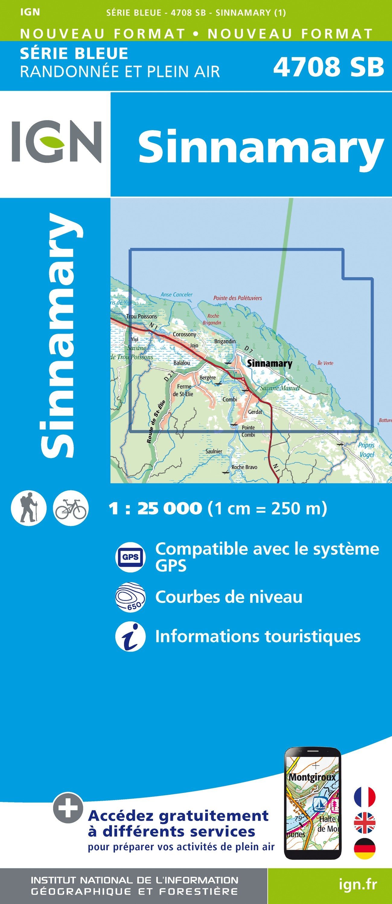 Carte de randonnée n° 4708 - Sinnamary (Guyane) | IGN - Série Bleue carte de randonnée IGN