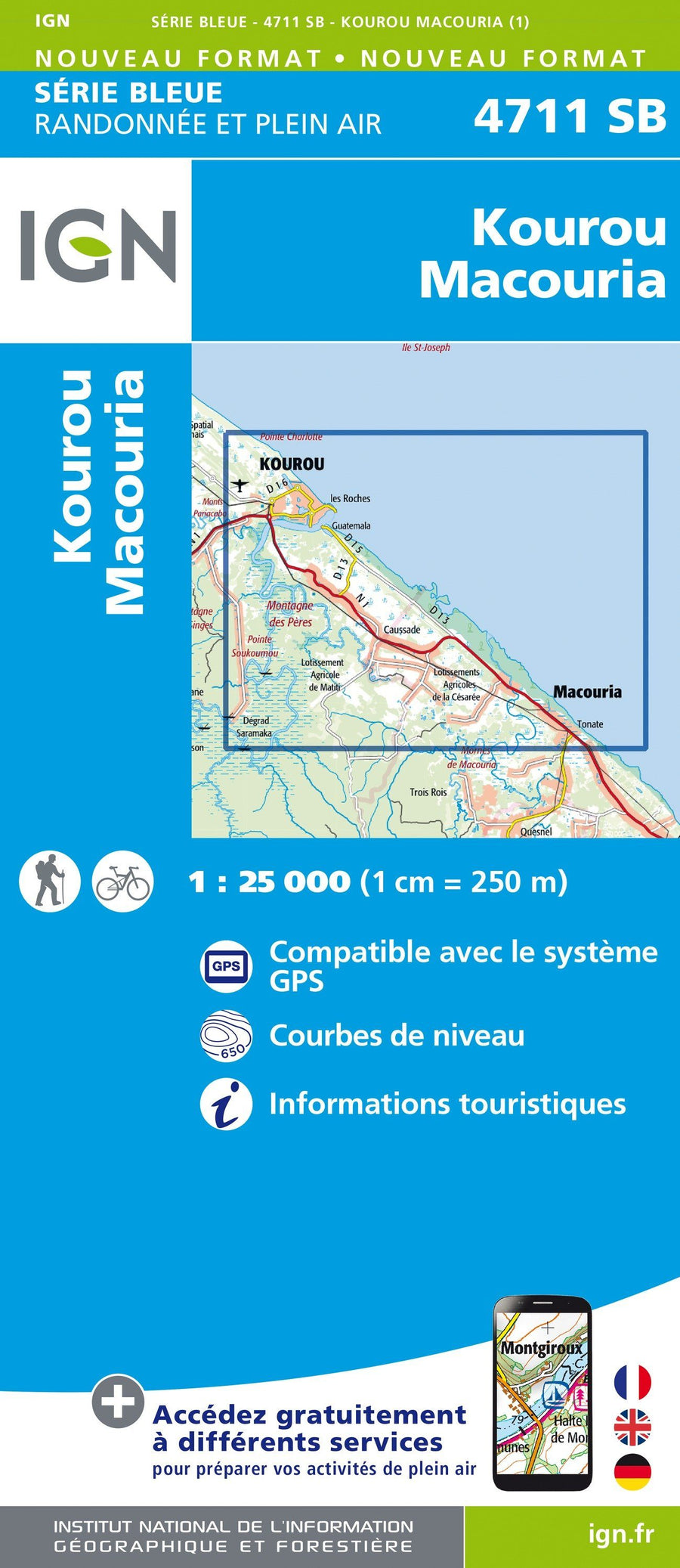Carte de randonnée n° 4711 - Kourou, Macouria (Guyane) | IGN - Série Bleue carte pliée IGN 