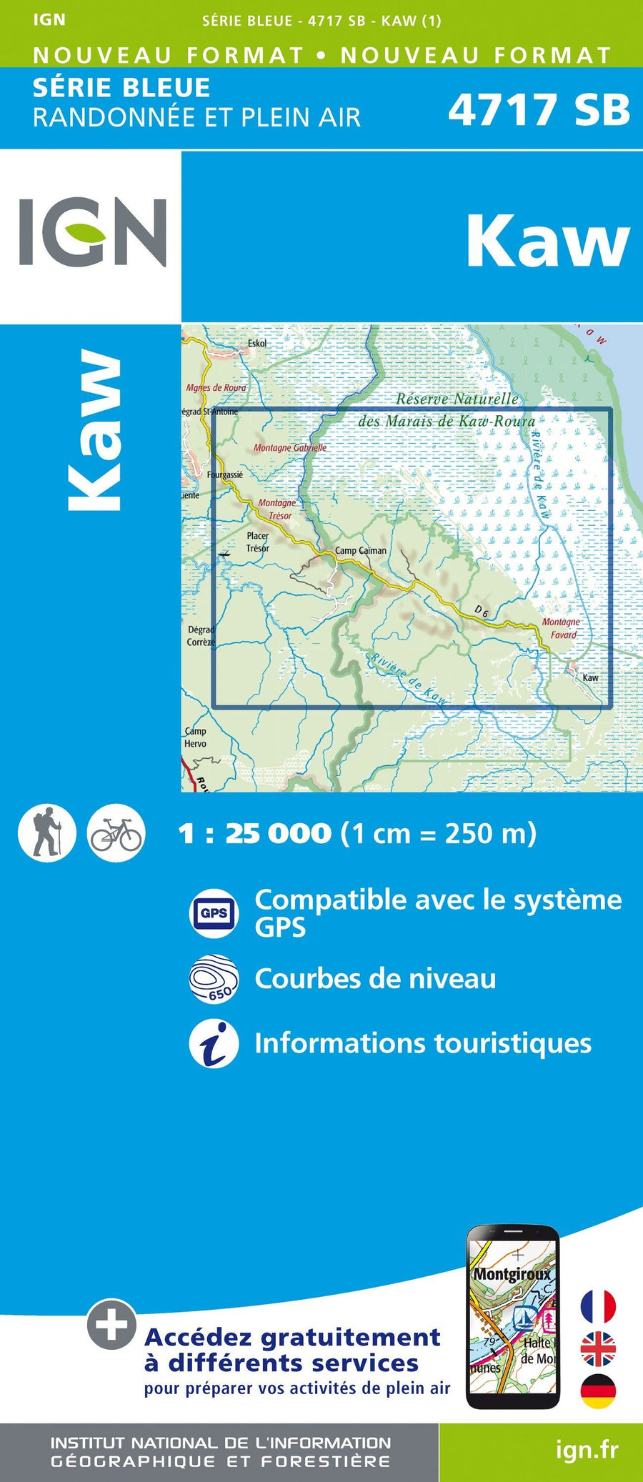 Carte de randonnée n° 4717 - Kaw (Guyane) | IGN - Série Bleue carte pliée IGN 
