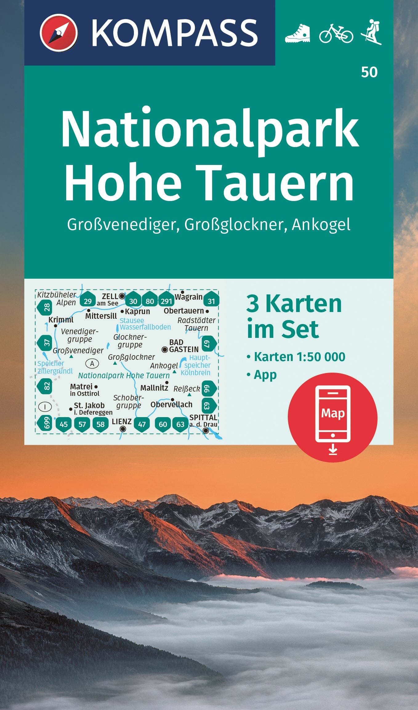 Carte de randonnée n° 50 - Parc National Hohe Tauern (Tyrol, Autriche) | Kompass carte de randonnée Kompass