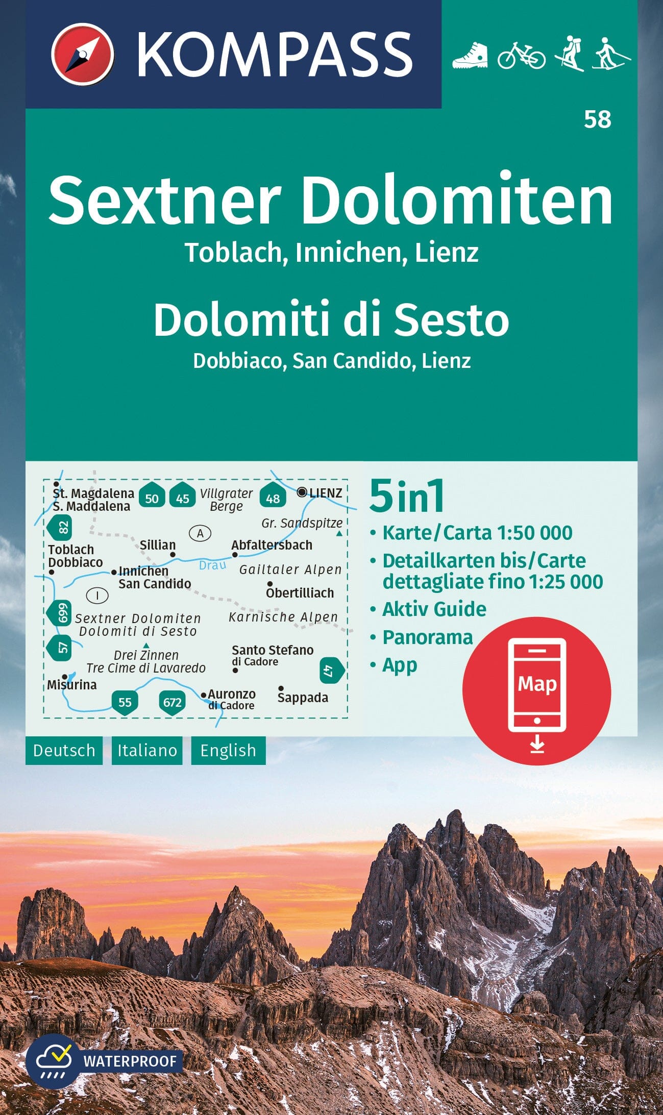 Carte de randonnée n° 58 - Dolomites de Sesto /Sextner Dolomiten (Italie) | Kompass carte de randonnée Kompass