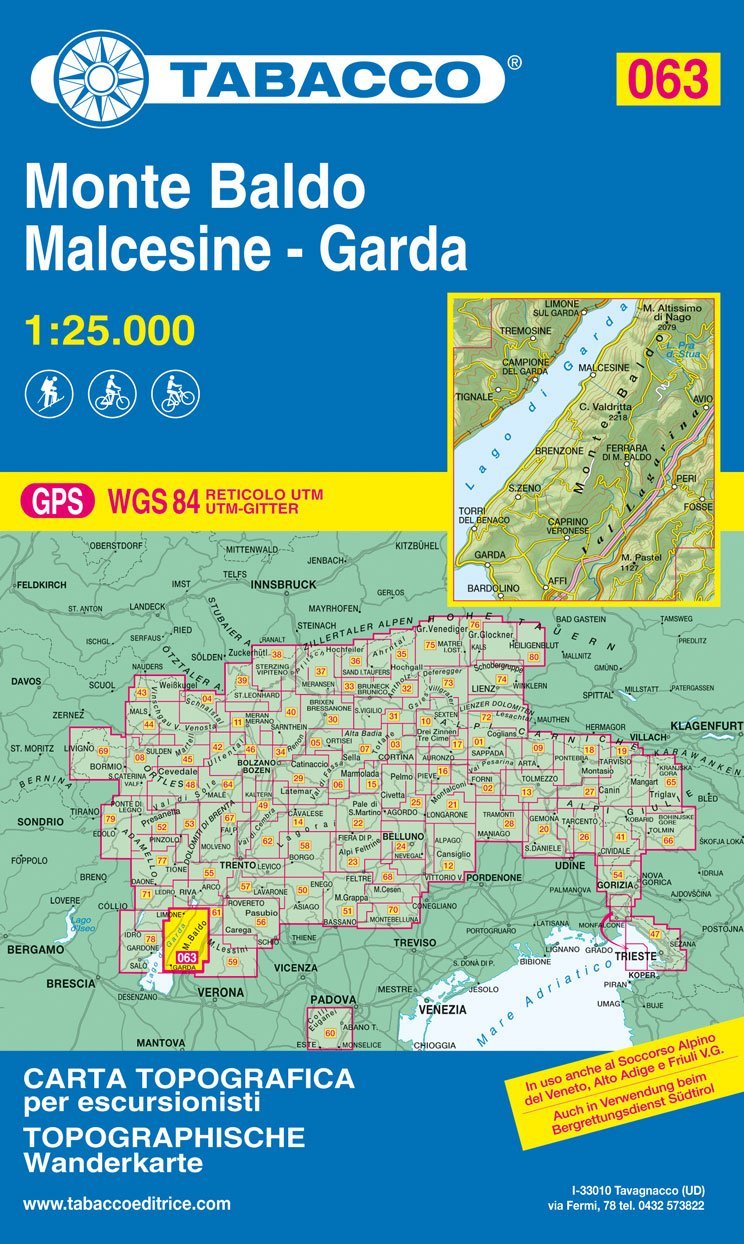 Carte de randonnée n° 63 - Monte Baldo, Malcesine, Garda | Tabacco carte pliée Tabacco 2016 