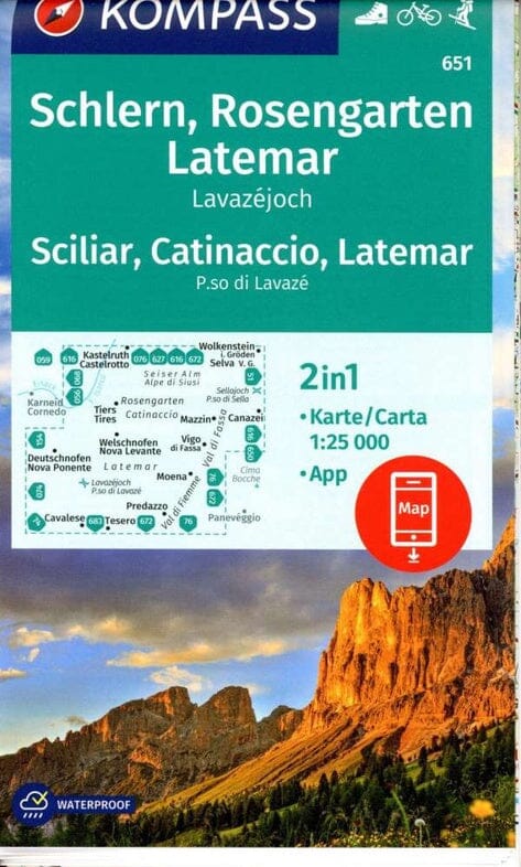 Carte de randonnée n° 651 - Schlern, Rosengarten, Latemar (Italie) | Kompass carte de randonnée Kompass