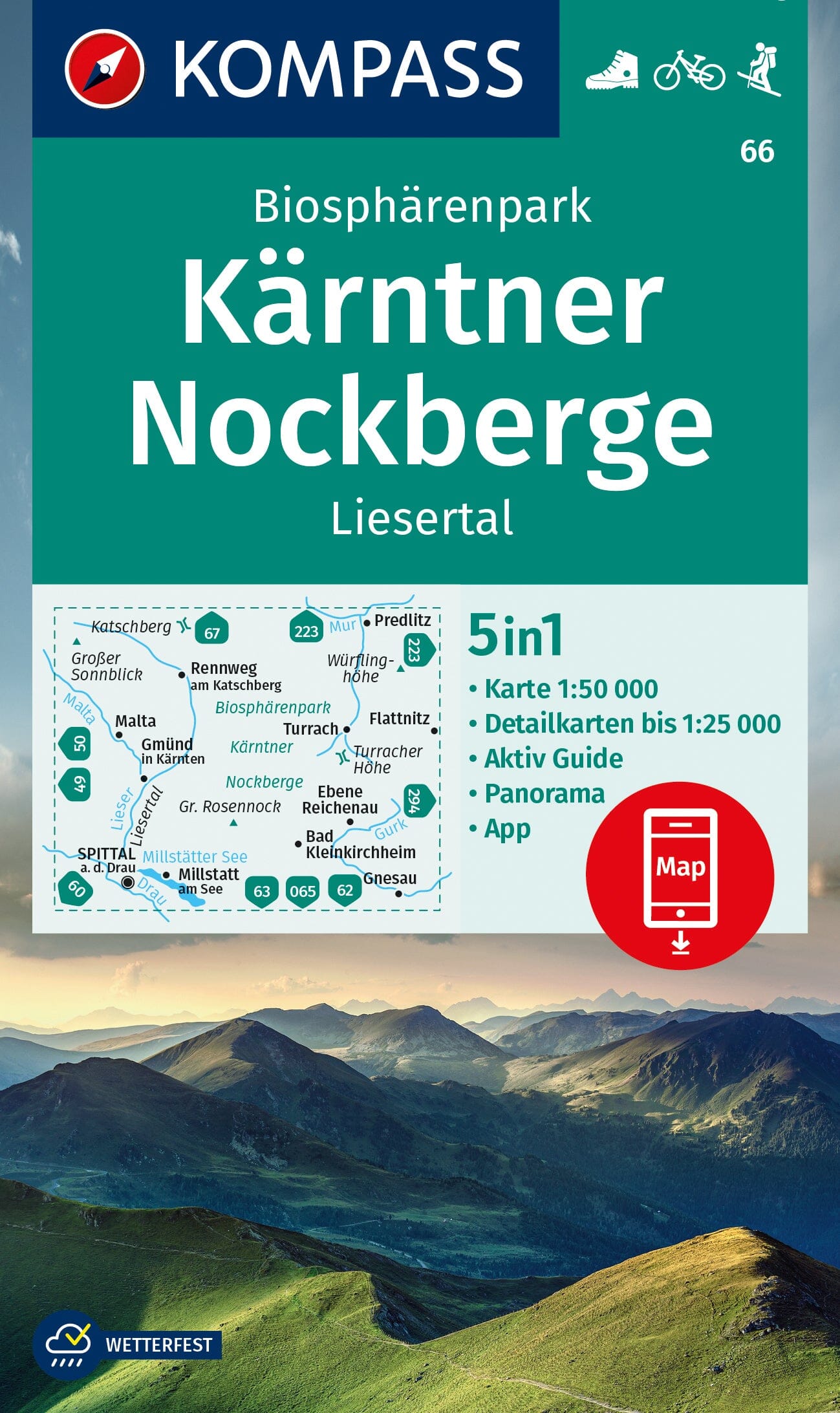 Carte de randonnée n° 66 - Kärnten Nockberge Biosphärenpark + Guide (Tyrol, Autriche) | Kompass carte de randonnée Kompass